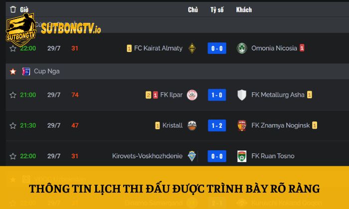 Thông tin lịch thi đấu được trình bày rõ ràng